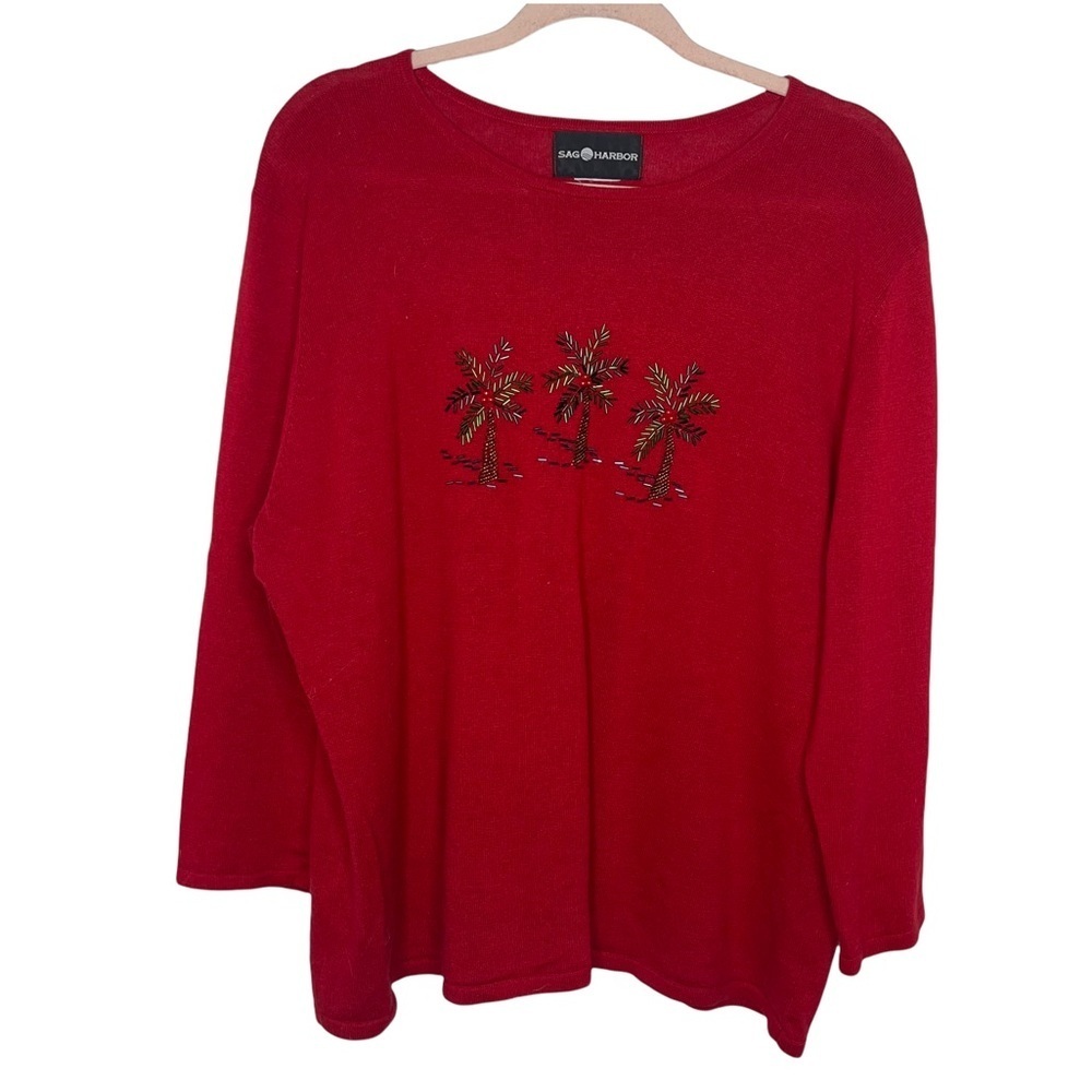 SAG HARBOR Red Beaded Holiday Palm Tree Sweater